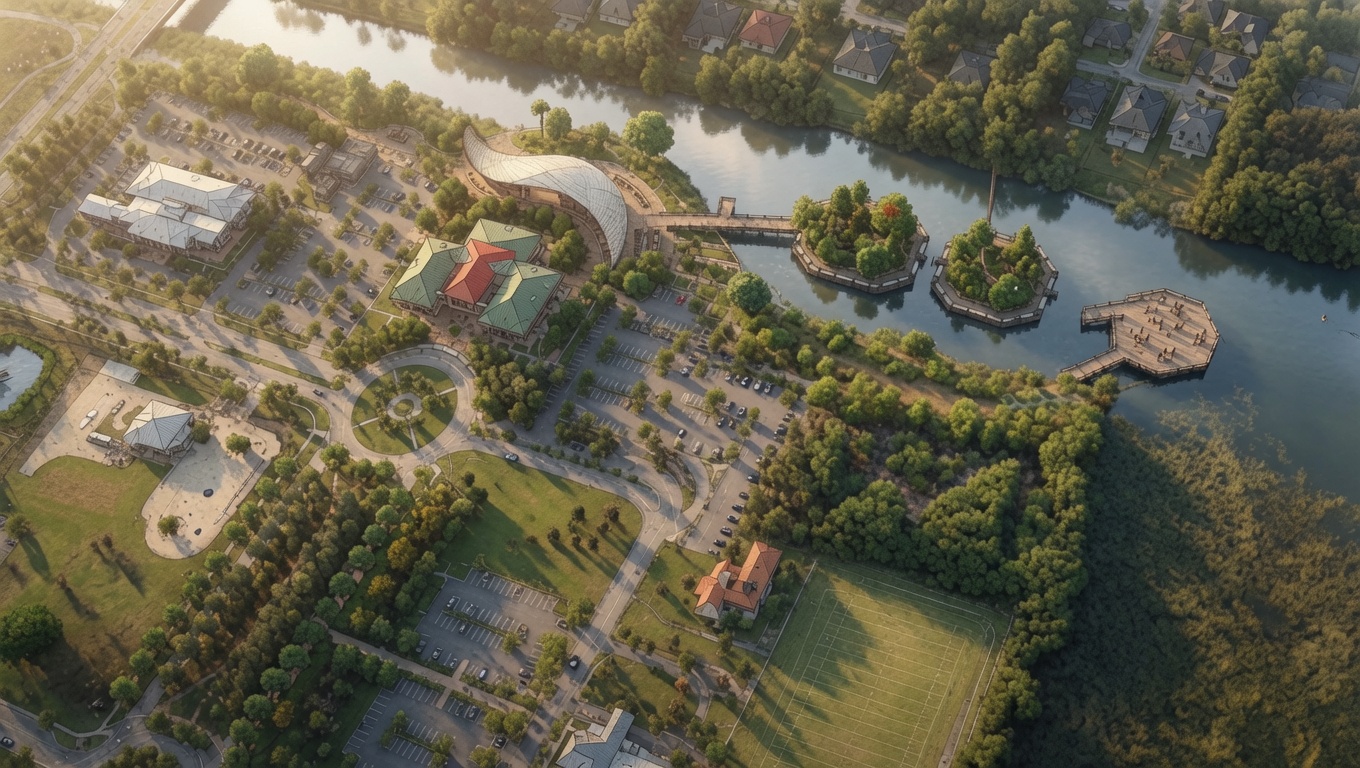 Aerial concept view of Canal Commons showing the canal, planted habitat islands, an arcing boardwalk, and the City Hall campus woven into a continuous green landscape.