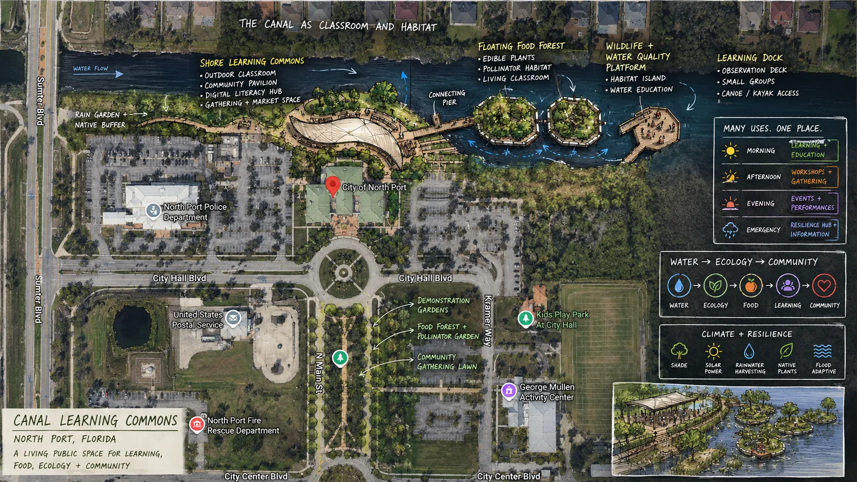 Annotated site plan of Canal Commons mapping the shoreline learning commons, floating habitat and learning islands, water-quality platform, and learning dock across the canal behind North Port City Hall.