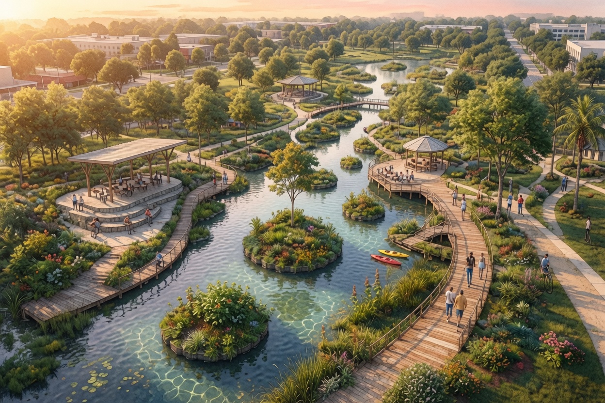 Concept rendering of Canal Commons at golden hour: a curving boardwalk threads between planted floating islands on a clear canal, with people gathered at a shaded shoreline pavilion and a kayak on the water.