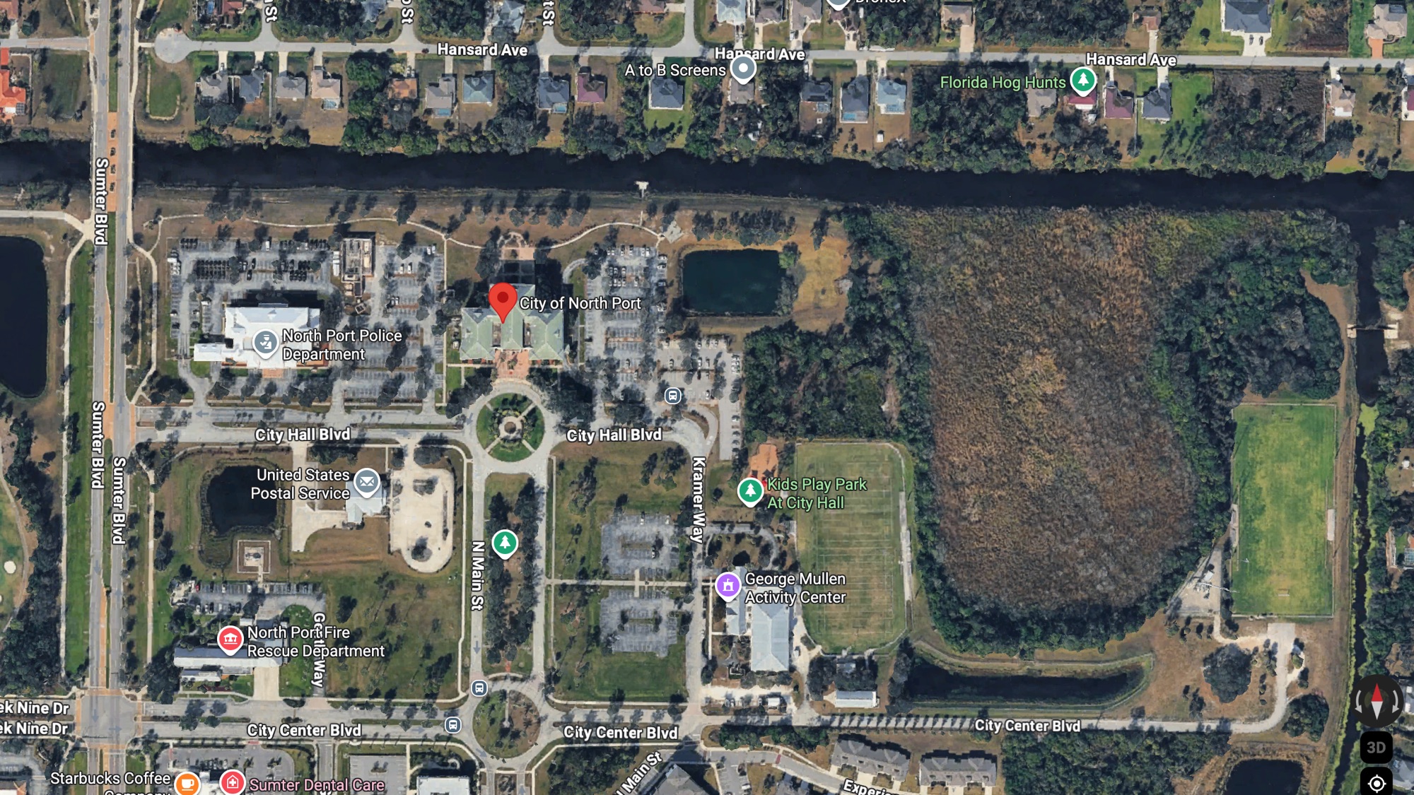 Existing satellite conditions of the site: the straightened stormwater canal running behind the City Hall campus, currently an underused edge of public space.