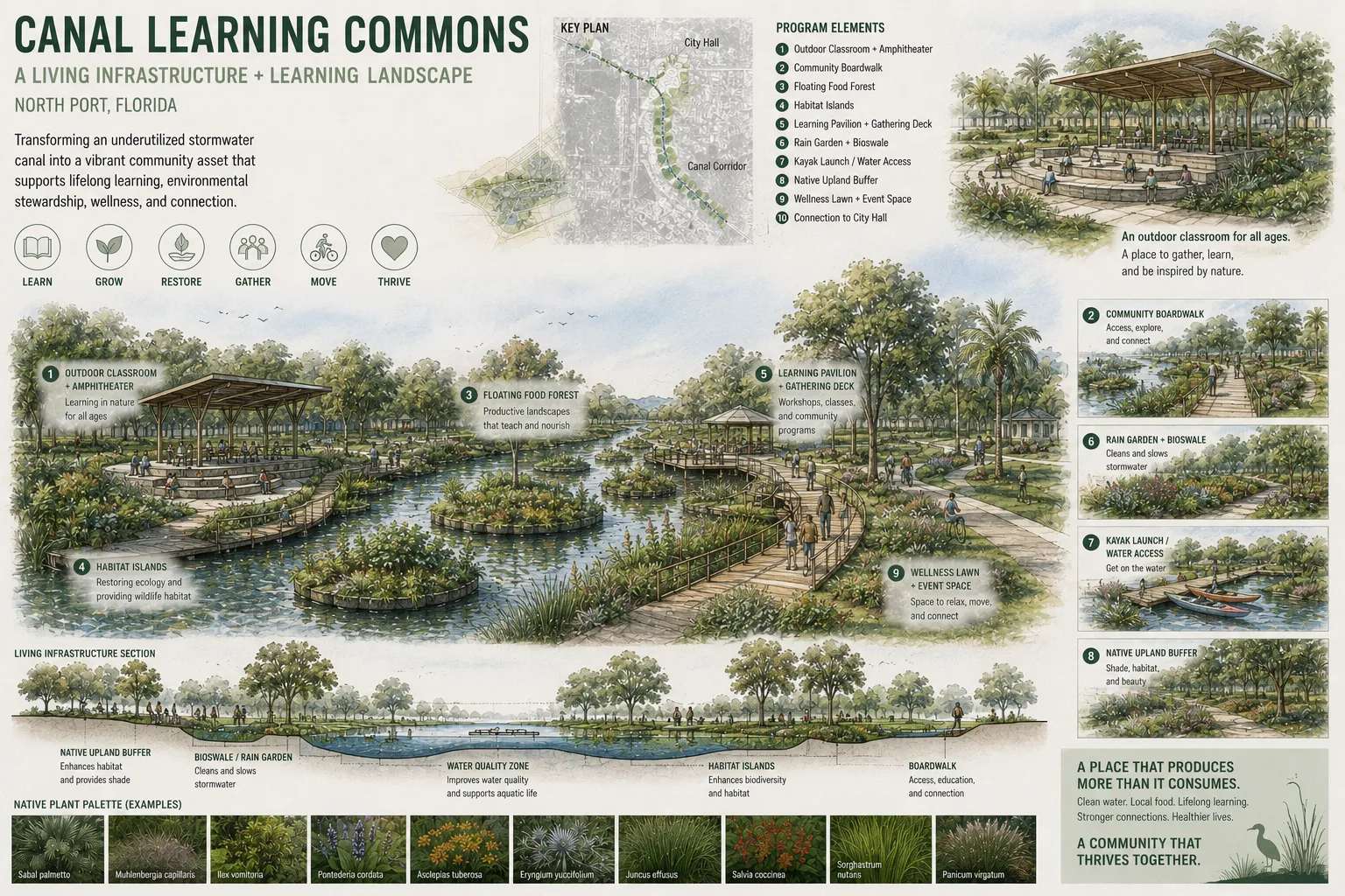Full concept presentation board for Canal Commons with program elements and plant palette.