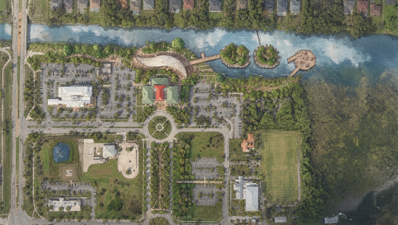 Plan-view aerial of the proposed Canal Commons site behind North Port City Hall, showing the canal edge, floating habitat islands, learning pavilion, and connecting gardens.